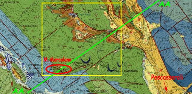 Figura 1 Dettaglio Carta Geologica d’Italia in scala 1:100.000 foglio 152 Sora, con l’ubicazione di Monte Marcolano, la traccia di sezione riportata di seguito (in verde) e l’area dell’escursione(in giallo).